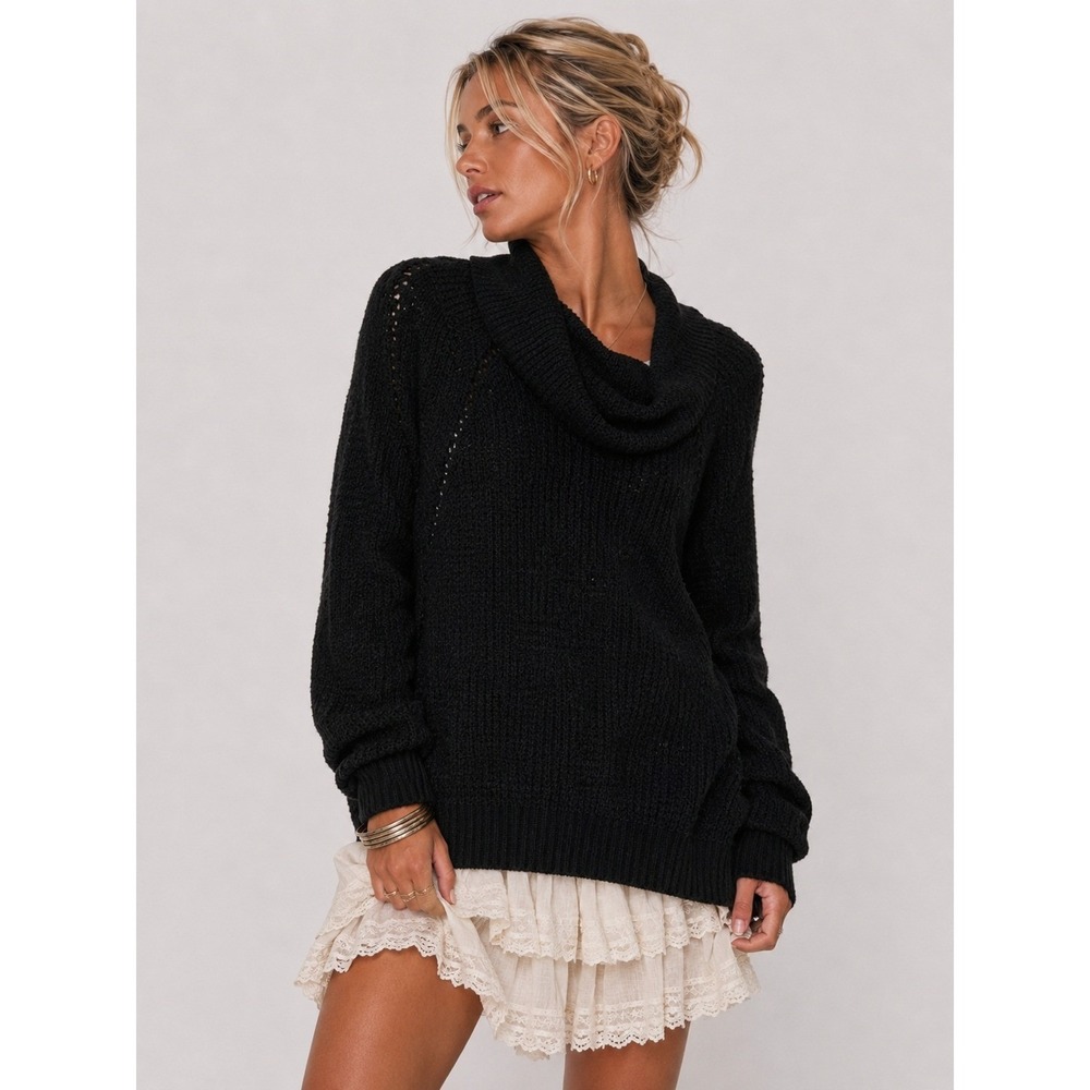 Free‎ People Black Cowl Neck Boucle Knit Pullover Sweater XS